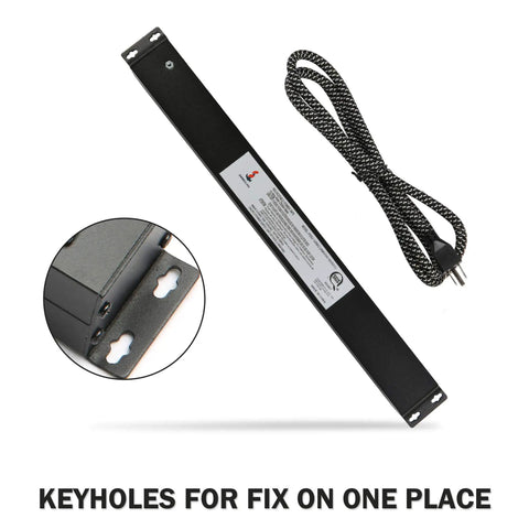 Kick The Clutter With This Badass Heavy Duty Power Strip Packing Six AC Outlets And Two Fast USB Chargers Six Foot Braided Surge Guard Cable For Phones Tablets And Desk Setups Black 300 Joules Shield with keyholes for mounting.