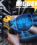 Close-up of 20V Cordless Tire Inflator with Bigger LCD Digital Pressure Gauge displaying 160 PSI on a car tire