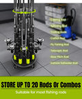 Rolling Fishing Rod Holder Rack For Garage Holds Up To 20 Rods And Reels Space Saving Gear Organizer with various rod types
