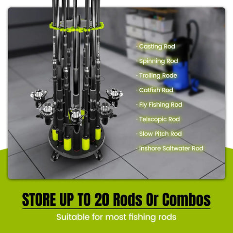Rolling Fishing Rod Holder Rack For Garage Holds Up To 20 Rods And Reels Space Saving Gear Organizer with various rod types