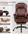Big And Tall Office Chair With Foot Rest, Ergonomic High Back PU Leather Reclining Desk Chair For Heavy Folks, featuring lumbar support and thick padded armrests, shown in executive brown.