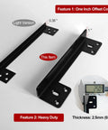 Heavy Duty Door Latch Guard Plate With One Inch Offset Cover To Block Credit Card Shims And Stop Swing Door Prying For Lockdown Home Defense And Legit Tight Steel Security Shielding; features two heavy duty metal brackets with measurements.