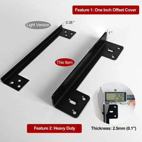 Heavy Duty Door Latch Guard Plate With One Inch Offset Cover To Block Credit Card Shims And Stop Swing Door Prying For Lockdown Home Defense And Legit Tight Steel Security Shielding; features two heavy duty metal brackets with measurements.