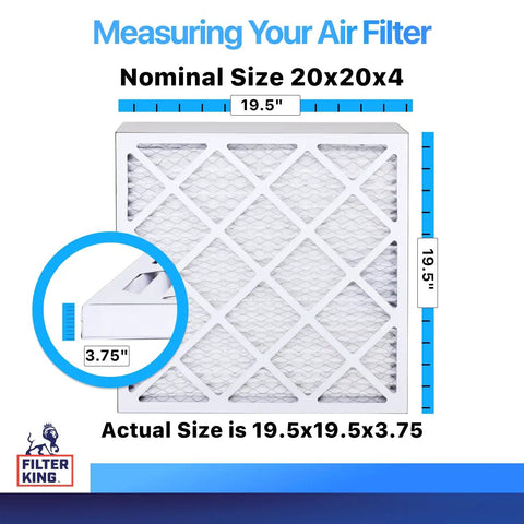 MERV 8 Pleated Air Filter 20x20x4 Four Pack For Dust And Allergy Control Made In USA Electrostatic HVAC Furnace AC Replacement Actual Size 19.5 x 19.5 x 3.75 shown with measurements.