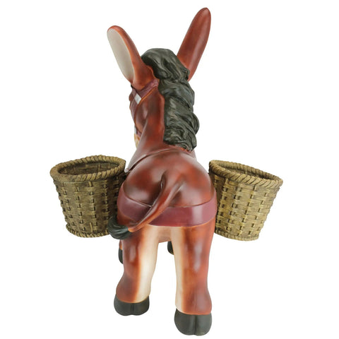 Back view of Pancho The Burro Planter Sculpture For Home And Garden Decor, hand-painted donkey with two baskets, resin material.