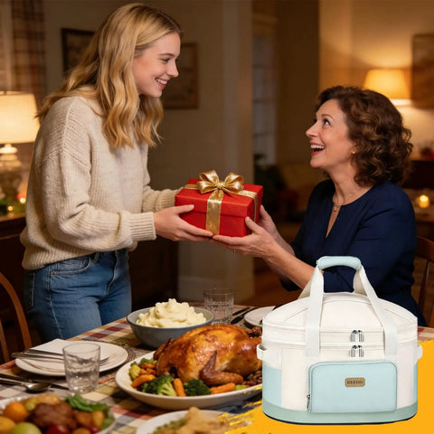 Heavy Duty Six To Eight Quart Slow Cooker Carry Bag With Double Layer Shell displayed at a family dinner table, keeping meals hot.