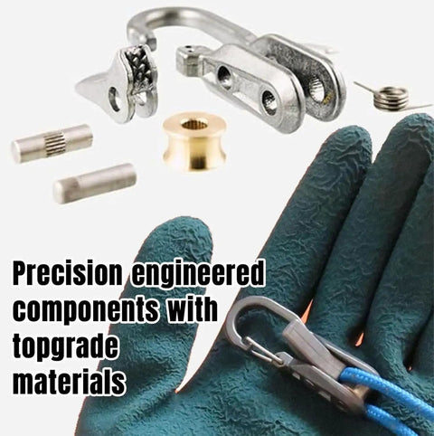 Components of Six Pack Heavy Duty Paracord Rope Roller Tensioner Kit with gloved hand holding a retractable buckle.