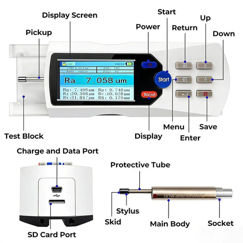 Handheld Digital Profilometer Surface Roughness Tester With 5 Micron Diamond Stylus And Inductive Sensor showcasing screen readout and controls.