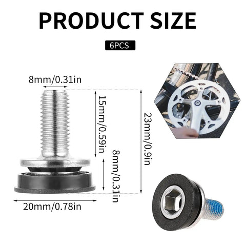 Six 8mm Hex Crank Arm Bolts With Caps For Square Cranksets, Durable Metal Construction, 26.5mm Length And 20mm Diameter shown with measurements