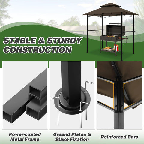 8x5 Ft Outdoor Grill Gazebo With Double Roof Canopy, LED Lights, and 2 Side Shelves showing metal frame and construction details.