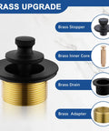 Components of Brass Bathtub Drain Kit With Lift And Turn Mechanism, including matte black stopper and brass adapter