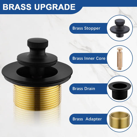 Components of Brass Bathtub Drain Kit With Lift And Turn Mechanism, including matte black stopper and brass adapter