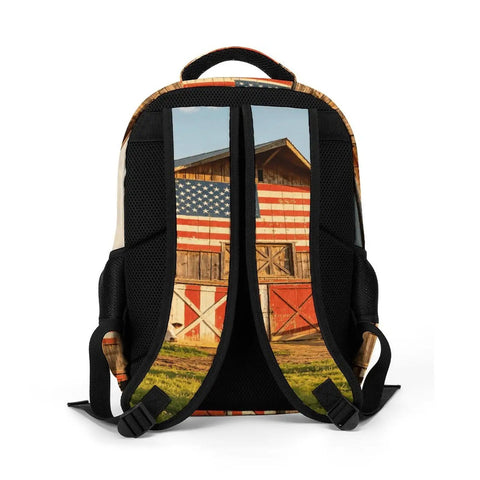Back of Pasture Farm Print Backpack with barn design, unisex large capacity, durable polyester for commuting, hiking, and camping.