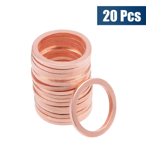 20 Pack Solid Copper Flat Washers Sealing Gasket Rings For M14 Bolts Precision cut, shiny copper rings stacked with one in front.
