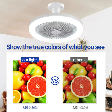 10 Inch Ceiling Fan With Light Kit for Garage Closet and Laundry Room, comparing color rendering of fruits under bright LED.