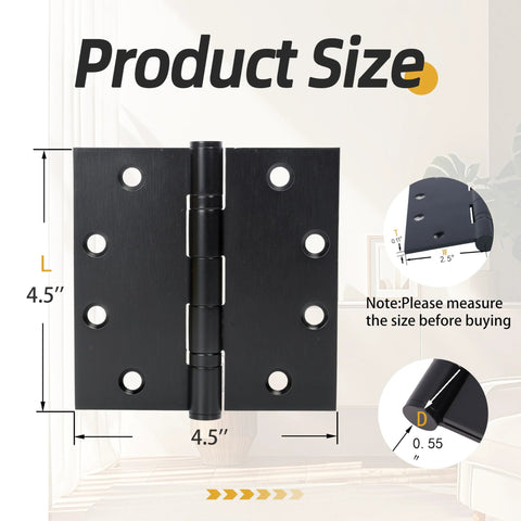 Front view of black 4.5x4.5 inch heavy-duty square-corner door hinge with multiple screw holes