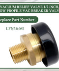 WFSULEE 1/2 in vacuum relief valve, brass body with black cap, close-up view
