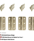 Built Tough 2 Inch Brushed Solid Brass Butt Hinges With Full Mounting Hardware For Heavy Lifting Door Installation Rust Resistant Smooth Swivel Action 4 Pack Set and gold screws.