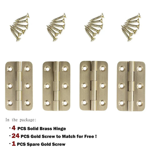 Built Tough 2 Inch Brushed Solid Brass Butt Hinges With Full Mounting Hardware For Heavy Lifting Door Installation Rust Resistant Smooth Swivel Action 4 Pack Set and gold screws.