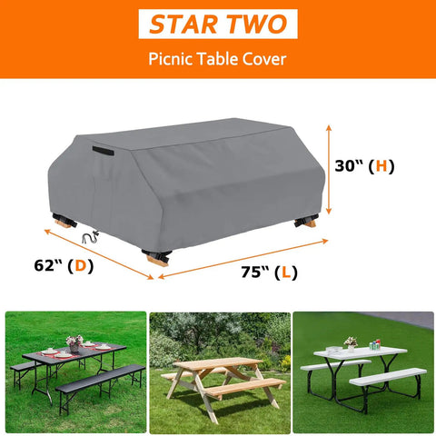 Waterproof Picnic Table Cover For 6 Ft Bench Set Windproof All Weather Gray Patio Protector for 70 and 72 Inch Tables, shown in grey.