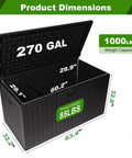 Heavy Duty 270 Gallon Outdoor Storage Box With Solid Locking Lid, dimensions with measurements shown in black.