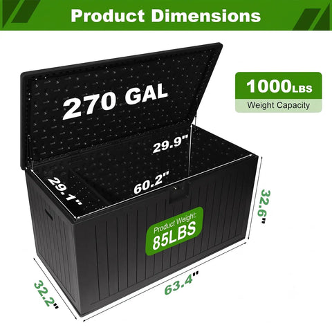 Heavy Duty 270 Gallon Outdoor Storage Box With Solid Locking Lid, dimensions with measurements shown in black.