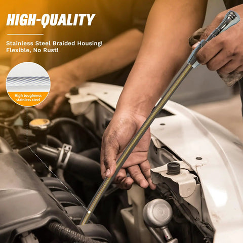 Mechanic using Firewall Mounted Transmission Dipstick For GM Chevy TH700R4 4L60E 4L80E Flexible Stainless Steel Tube in engine bay.