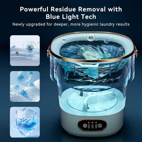 No Sweat Portable Foldable Washing Machine 20 Liter Tub With Blue Light Deep Clean showing deep cleaning tech for laundry.