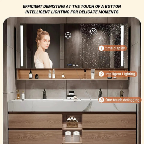 Top Tier Double Sink Bathroom Vanity Made From Solid Wood Featuring Integrated Ceramic Sink And Built In LED Defogging Mirror with stylish design.