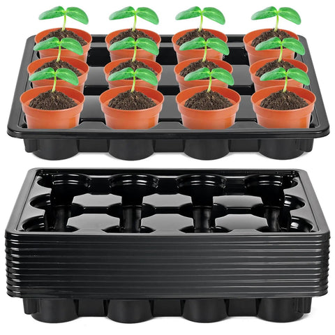 12 Cell Round Nursery Pot Trays For Moving 4 Inch Pots, Plastic Plant Carrying Tray Set With 17.2 By 13.2 By 2.5 Inches, 10 Pack Pot Transport Trays To Keep Pots Steady And Easy To Move displaying seedlings in pots