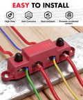 Tough Custom 12V Power Distribution Block With 5/16 Inch Studs And Secure Cover Rock Solid 4 Stud Bus Bar Terminal Kit For Cars Boats And Trucks Plug And Play Red Black Pair For Straight Shot High Amp Wiring Setup with colored wires.