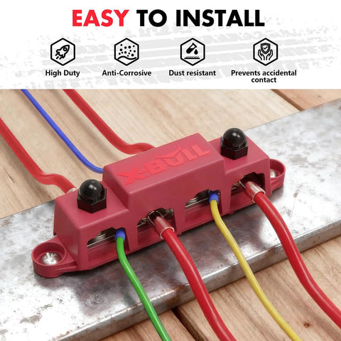 Tough Custom 12V Power Distribution Block With 5/16 Inch Studs And Secure Cover Rock Solid 4 Stud Bus Bar Terminal Kit For Cars Boats And Trucks Plug And Play Red Black Pair For Straight Shot High Amp Wiring Setup with colored wires.
