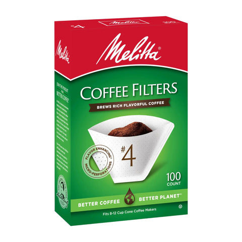 Box of Melitta coffee filters, 100 count, showing cone shape and flavor-enhancing micro perforations for drip coffee makers.