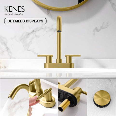 Brushed Gold Centerset Bathroom Faucet 4 Inch 2 Handle 3 Hole Sink Faucet With Pop Up Drain And Two Water Supply Lines Modern Vintage Style Bath Faucet Corrosion Resistant Fingerprint Free on marble countertop