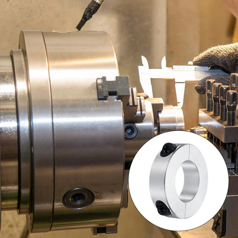 Industrial setup with Double Split Aluminum Shaft Collar Set with Set Screw 25mm or 1 Inch Bore Four Pack on machinery shaft