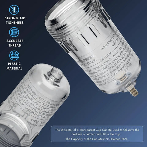 Close-up of One Quarter Inch NPT Air Compressor Regulator Filter Water Separator Combo Poly Bowl showing durable plastic material.