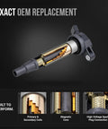 Premium Ignition Coil Pack Set Of Four Straight Plug And Play No Drama Tune Up Cures Rough Idle Fits Lexus Scion Pontiac Corolla Vibe Ct200h Replaces 90919 cutaway view showing internal coils and spark connection.