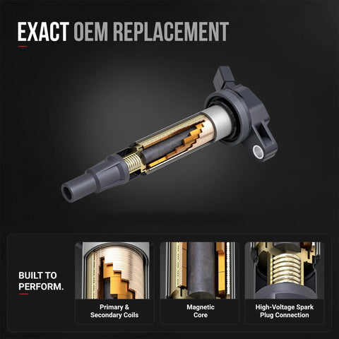 Premium Ignition Coil Pack Set Of Four Straight Plug And Play No Drama Tune Up Cures Rough Idle Fits Lexus Scion Pontiac Corolla Vibe Ct200h Replaces 90919 cutaway view showing internal coils and spark connection.