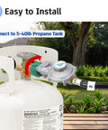 GGC 5ft dual-stage propane regulator with hose connected to a propane tank (QCC1/Type1 connector)