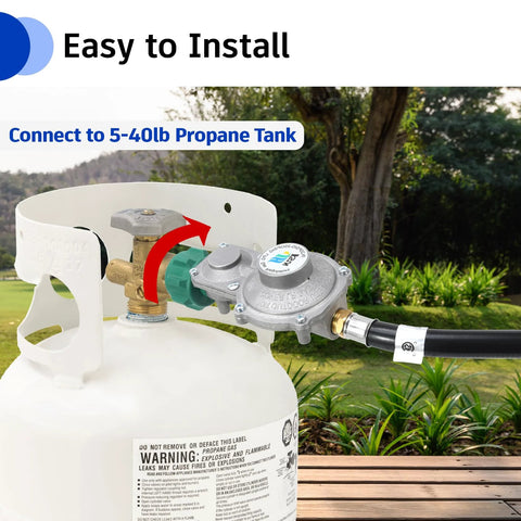 GGC 5ft dual-stage propane regulator with hose connected to a propane tank (QCC1/Type1 connector)