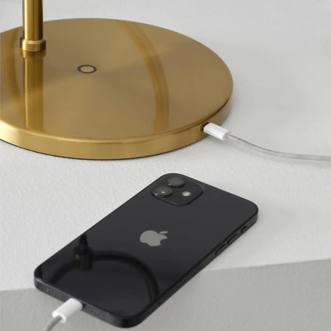 Close-up of charging port on Nova Modern Arc Table Lamp With Two Circle Ring Style Pendant Alexa Compatible Nightstand And Couch Side Light