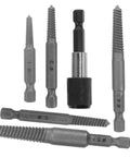 Top Tier Steel Screw Extractor Kit For Breaking Stripped Bolts And Home Repairs Easily Handles #1 Through #5 Sizes With Great Grip Control For Any DIY Project Or Garage Fix It Job. Steel screw extractor kit with #1 to #5 bits and driver handle, shown on white background