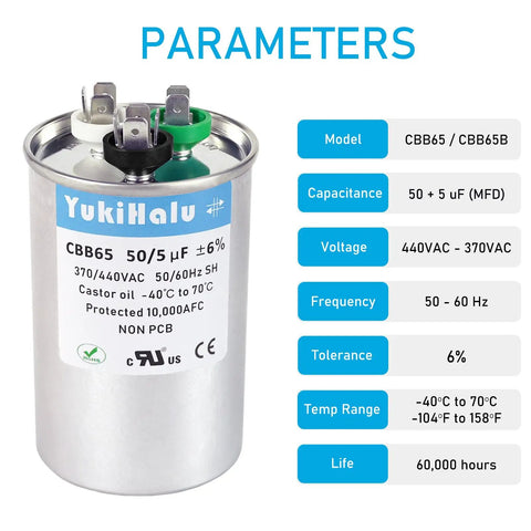 50 Plus 5uF MFD Dual Run Capacitor For Your ACs And HVAC Systems 370 To 440 VAC CBB65 Type with specifications and label
