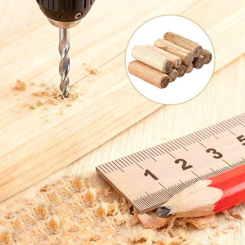 Assorted Wood Dowels Set, Fifty Pcs, Hardwood Dowels In Three Sixteenth Inch, Quarter Inch, depicted for carpentry use with tools.