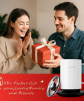 Smart Self Heating Coffee Mug With AI Temp Control And 20 Oz Capacity in a festive setting with a gift box being exchanged.