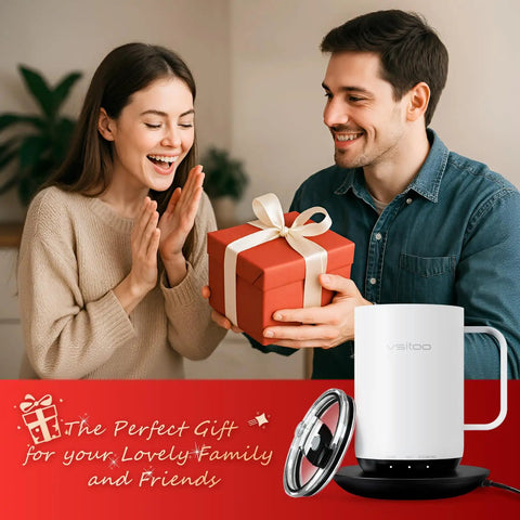 Smart Self Heating Coffee Mug With AI Temp Control And 20 Oz Capacity in a festive setting with a gift box being exchanged.