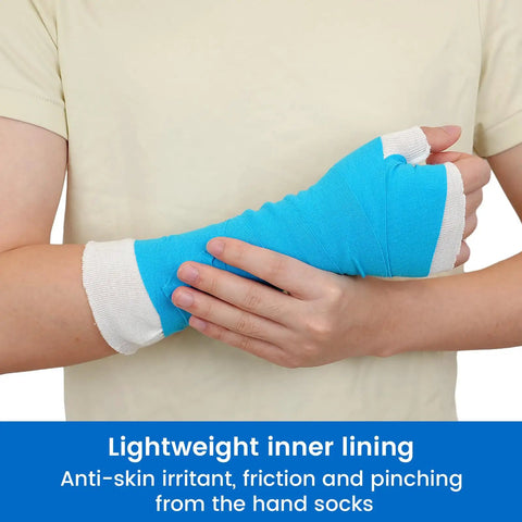 Person wearing Breathable Stockinette Hand Tubing For Wrist Braces And Thumb Spica Liners, Lightweight Gauze Sleeve in white and blue