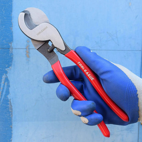 Heavy Duty 10 Inch Cable Cutter With High Leverage Design For Aluminum Copper Wire And Communications Cable shown in hand