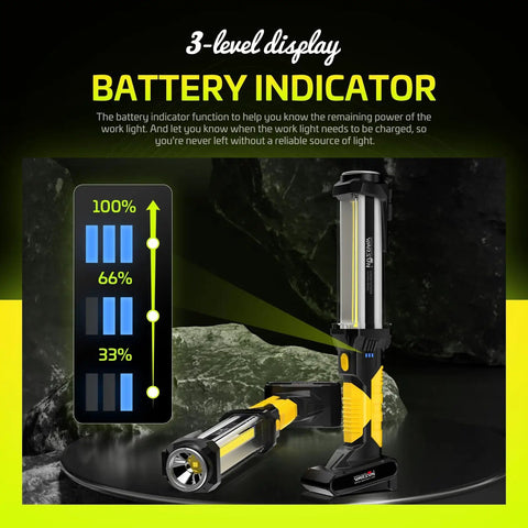 Rechargeable COB LED Work Light With Magnetic Base showing 3-level battery indicator for garage repair and home DIY.