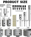 Pro-Grade 34-Piece Concrete Hole Saw Kit with various-sized saws, wrenches, and components for concrete, brick, cement, stone drilling.